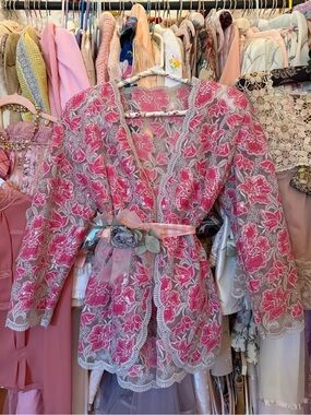 80s Vintage Galmoratti Pink Floral Lace Blazer with Sequins and Silver Accents